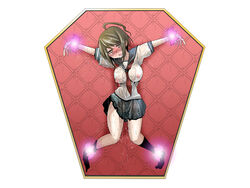 1girls ahoge ambiguous_fluids attached blush blushing boobs breasts brown_hair danganronpa drool drool_on_face drool_string drooling exhausted eyebrows_visible_through_hair female fluid fluids green_eyes medium_breasts naegi_komaru nipple_bulge nipples nipples_through_clothes open_mouth pussy_juice red_background red_ribbon red_tie school_girl school_skirt school_uniform schoolgirl short_hair skirt socks straight_hair sweat sweatdrop sweating thick_thighs tied tied_feet tied_hands tied_legs tied_up tired tired_eyes wet wet_clothes white_background