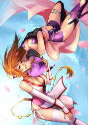 2girls ayane_(doa) big_breasts breasts brown_hair dead_or_alive dress eyes_closed female incest japanese_clothes kasumi_(doa) kissing large_breasts long_hair multiple_girls obi panties purple_dress purple_hair short_hair sisters underwear upside-down upside_down_kiss white_dress white_panties white_underwear yuri