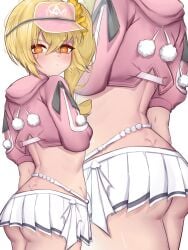ass ass_focus blonde_hair from_behind highres jacket long_hair looking_at_viewer luciana_de_montefio multiple_views official_alternate_costume pink_jacket pink_visor_cap pom_pom_(clothes) red_eyes semnomeart side_ponytail simple_background skirt white_background white_skirt zenless_zone_zero