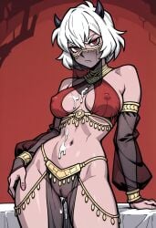 1femboy 1girl after_vaginal ai_generated cum cum_on_body cum_on_breasts demon_girl demon_horns devil_girl devil_horns face_veil female female_focus female_only harem_girl harem_heroes harem_outfit harem_pants helltaker malina_(helltaker) red_eyes see-through_clothes see-through_clothing see-through_panties transparent_clothing veil white_hair