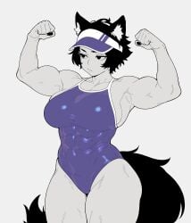 1girls 2d biceps black_nails chengchezhiice flexing large_breasts muscular_female oc posing purple_swimsuit swimsuit tagme thick_thighs wolf_ears wolf_girl wolf_tail