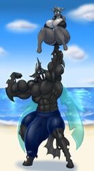 2019 abs absurd_res arthropod beach blues64 blush bulge changeling clothing cloud duo ebonheart female furry hi_res hole_(anatomy) horn male marauder6272 muscular my_little_pony outside penis_outline seaside sinyxstra thick_thighs water wings