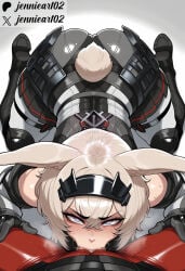 1boy 1girl 2girls :>= ai_generated all_fours animal_ears ass bare_shoulders black_gloves black_hairband blonde_hair blue_eyes blush bodysuit breasts clothing crossed_bangs deepthroat elbow_gloves english_text erection fellatio female futa_with_female futanari gloves grey_hair hair_between_eyes hairband heart-shaped_pupils hetero jennieart02 kneeling light_brown_hair looking_at_viewer mosaic_censoring multiple_girls oral patreon patreon_logo patreon_username penis pov_crotch rabbit_ears rabbit_girl rabbit_tail red_bodysuit red_pants saliva short_hair solo_focus sweat symbol-shaped_pupils tail twitter twitter_username veins veiny_penis watermark
