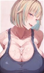 1girl absurdres ai-generated aizawa_ema blonde_hair blue_eyes blue_hair blush breasts cleavage collarbone commentary cum cum_on_body cum_on_breasts english_commentary highres huge_breasts looking_at_viewer multicolored_hair open_mouth paizuri short_hair shuki_(shuki5638) smile solo streaked_hair tagme virtual_youtuber vspo!