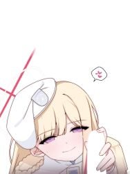 1girl aiguillette beret blank_censor blonde_hair blonde_student_council_president_(blue_archive) blue_archive censored epaulettes from_above grabbing_another's_penis halo hat heart highres hikigaya_0926 long_hair looking_at_viewer looking_up medal multicolored_hair multicolored_halo penis pink_streaks purple_eyes red_halo shoulder_strap simple_background single_epaulette smile solo_focus spoken_heart streaked_hair two-tone_hair two-tone_halo white_background white_halo white_hat