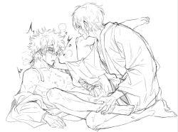 2boys aged_down anal anal_sex baka_roll blush breath erection full_body gay gintama gintoki_sakata headband japanese_clothes kimono looking_at_another male male_only monochrome official_alternate_costume on_back penis ribbon samurai sketch smile spread_legs sweat takasugi_shinsuke tied_penis uncensored yaoi