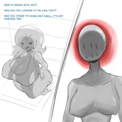 2girls arm_sleeves bab_(shojs) bald boobs breasts elbow_gloves faceless faceless_female ghost ghost_girl gloves greyscale mannequin megamor neckline specimen_5 spooky's_house_of_jump_scares spooky_(shojs) uncolored
