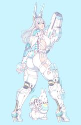 ass blue_background blue_eyes bodysuit breasts bunny cyborg easter_egg egg female female full_body gloves gun hairband holding_egg large_breasts looking_at_viewer machine mechanical_legs original parted_lips side_cutout silver_hair simple_background solo weapon wei_(kaminari0411) white_gloves