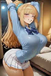 1girl ai_generated arms_up bangs blonde_hair blush breasts classroom_of_the_elite eyebrows_visible_through_hair grin gyaru hair_ornament hair_scrunchie hi_res high_quality high_resolution indoors karuizawa_kei large_breasts long_hair looking_at_viewer patreon pleated_skirt ponytail purple_eyes savvyraexo school_uniform scrunchie seductive sexy shirt skirt smile solo uncensored watermark