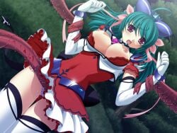 1girl 2000s_(style) ahoge ayahime_kurumi blush breasts breasts_out clothes_lift dutch_angle elbow_gloves game_asset gloves grabbed_by_tentacles green_hair hair_ribbon imminent_rape large_breasts lemmtear_theta long_hair magical_girl mahou_senshi_(series) mahou_senshi_lemmtear_knights nipples non-web_source official_art open_mouth panties purple_eyes pussy_juice restrained ribbon saitou_natsuki self-datamine skirt skirt_lift solo striped_clothes striped_panties tentacles thigh_gap thighhighs underwear variant_set visual_novel_cg white_gloves white_thighhighs