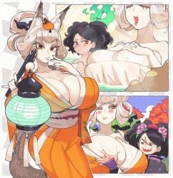 2girls black_hair blush breast_grab breast_size_difference breasts brown_eyes female female_only female_sucking_breast flower flowers fluffy fluffy_ears fluffy_tail fox fox_ears fox_girl grey_hair holding_breast huge_breasts inkuusan japanese_clothes jinkuro kimono kongiku leaf_on_head leaning_forward leaning_on_person long_hair looking_at_another looking_pleasured muramasa_the_demon_blade onsen thick_thighs tied_hair traditional_clothes white_hair younger_female