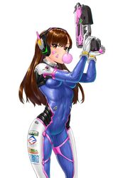 armor bangs blizzard_entertainment bodysuit bracer breasts brown_eyes brown_hair bubble_blowing bubblegum charm_(object) chewing_gum contrapposto covered_navel cowboy_shot d.va dncks10 emblem eyebrows eyebrows_visible_through_hair facepaint facial_mark female female_only gloves gum gun hand_up handgun hands_up headphones high_collar high_resolution holding holding_gun holding_weapon logo long_hair looking_at_viewer medium_breasts overwatch pauldron pilot_suit pistol ribbed_bodysuit shoulder_pads simple_background skindentation solo spread_legs standing thigh_strap turtleneck very_high_resolution weapon whisker_markings white_background white_gloves