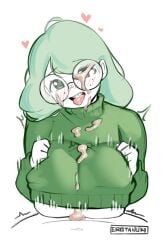 blush braces cum cum_between_breasts cum_in_mouth cum_on_clothes facial foid freckles glasses huge_breasts paizuri paizuri_under_clothes sweater