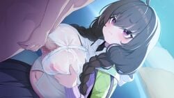 1boy 1girl ahoge artist_request black_hair blush braid breasts breasts_squeezed_together cardigan censored closed_mouth clothed_female_nude_male commander_(girls_garden) game_asset hetero highres jacket large_breasts long_hair low_twin_braids luna_mellow mosaic_censoring multicolored_jacket muv-luv muv-luv_girls_garden navel nipples nude official_art paizuri paizuri_under_clothes penis perpendicular_paizuri purple_eyes see-through_clothes shirt skirt solo_focus twin_braids white_shirt