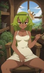 ai_generated amalia amalia_sheran_sharm dark-skinned_female female flashing flashing_pussy green_hair no_panties princess_amalia_sheran_sharm sundress wakfu