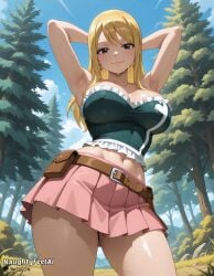 1girl ai-created ai_generated armpit armpit_focus belt big_breasts big_nipples blonde blonde_hair breasts brown_belt brown_eyes cleavage curvaceous curvy curvy_female curvy_figure day dynamic_angle earrings erect_nipples fairy fairy_tail frilled_shirt from_below green_shirt hands_behind_head heart heart_earrings huge_breasts large_breasts long_hair looking_at_viewer lucy_heartfilia medium_breasts naughtyfeetai nipple_outline nipples off_shoulder pink_skirt pleated_skirt puffy_nipples sagging_breasts seductive seductive_smile sexy shirt skirt smile solo standing stretching sweating sweating_profusely tail thick_thighs thighs thin_waist through_clothes tree voluptuous voluptuous_woman