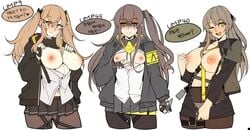 3girls breasts breasts_out_of_clothes female girls'_frontline huge_breasts multiple_girls ppapmang ump40_(girls_frontline) ump45_(girls'_frontline) ump9_(girls'_frontline) white_background