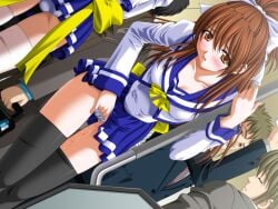 1girl 2000s_(style) 2girls 3boys black_thighhighs blush bow breasts brown_eyes brown_hair closed_eyes clothes_lift dutch_angle exhibitionism female_masturbation fingering game_asset hand_in_own_panties kourin_tenshi_en_ciel_rena masturbation masturbation_under_clothes multiple_boys multiple_girls non-web_source official_art open_mouth panties pantyshot parted_lips ponytail public_indecency public_masturbation pussy_juice ribbon saitou_natsuki school_uniform self-datamine serafuku skirt skirt_lift solo_focus tears thigh_gap thighhighs tomoe_rena train_interior underwear variant_set visual_novel_cg wet wet_clothes wet_panties white_panties