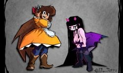 2girls animal_print apron bare_shoulders black_eyes black_footwear black_hair blue_pants blunt_bangs boots borrowed_character bow breasts brown_footwear brown_hair cleavage clenched_teeth closed_mouth clothing colored_skin coolerinker cow_horns cow_print demon_girl demon_horns dress eyeshadow fake_horns female footwear full_body hairbow hime_cut horns hunched_over inker_comics inkershike jaggy_lines knee_boots large_breasts leaning_forward long_hair looking_at_viewer maid_headdress makeup mona_(inker_comics) monica_(inker_comics) multiple_females multiple_girls open_mouth orange_dress pants pantyhose pink_horns ponytail puffy_short_sleeves puffy_sleeves purple_dress purple_eyeshadow purple_horns purple_pantyhose red_ribbon ribbon sharp_teeth short_sleeves sidelocks smile standing style_parody teeth very_long_hair waist_apron white_apron white_eyes yellow_horns