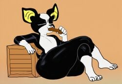ai_generated ass big_ass bottom_heavy boy dog dog_treat eating eyes_closed femboy flat_chest furry iggy_(jjba) legs_crossed male shortstack sitting thick_thighs two-tone_fur
