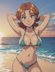 1girls 2023 ai_generated arms_behind_head arms_up beach bikini blue_bikini bonnieaiart brown_hair busty deviantart_link disney female female_only happy huge_breasts irma_lair light-skinned_female light_skin looking_at_viewer micro_bikini sexy short_hair smile solo sun two-piece_swimsuit w.i.t.c.h. water waterbender