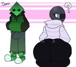 1boy1girl ass big_ass biker biker_clothes biker_girl biker_helmet boner boner_in_pants boner_under_clothes butt buttocks ferman ferman_(robloxian) green_body green_clothing green_skin looking_back original original_character question_mark sneakers sweater thick thick_ass thick_thighs thighs voluptuous voluptuous_female