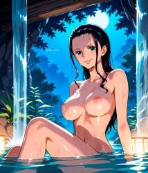 ai_generated hot_spring naked naked_female nico_robin nipples nude nude_female one_piece onsen partially_submerged wet_skin
