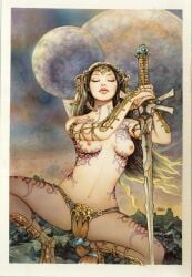 1girls 2015 black_hair body_markings breasts dejah_thoris eyes_closed female female_only loincloth nipples solo sword tagme_(artist) topless traditional_media_(artwork)