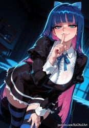 1girl 2026 ai_generated anime bangs black_dress blue_eyes blue_hair blue_nails blunt_bangs blush boobs bow breasts cleavage colored_inner_hair crossover dress eye_contact female female_focus finger_to_mouth flushed hair_bow highres huge_breasts indoors inside large_breasts long_hair long_sleeves looking_at_viewer multicolored_hair nail_polish nsfw panty_&_stocking_with_garterbelt parted_lips patreon patreon_username pink_hair puffy_sleeves rognezart seductive_smile shushing smile smiling solo stocking_(psg) stocking_anarchy striped striped_thighhighs thick_thighs thighhighs thighs two-tone_hair very_long_hair