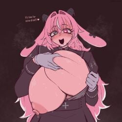 1girls 2026 2d 2d_(artwork) big_breasts boobs_bigger_than_head boobs_out busty character_request crazy_smile dialogue drunken_goddess_reflux female gloves goat_horns grabbing_own_breast heart-shaped_pupils heterochromia horns huge_breasts large_breasts looking_at_viewer mommy monster_girl nipples pink_hair pink_nipples saltdrawyou seductive showing_breasts simple_background slightly_chubby smile smiling sweat sweating sweaty tagme voluptuous