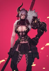 1girls black_gloves black_legwear breasts cleavage cowboy_shot cyborg female female_only fur_trim gauntlets gloves grey_hair groin hand_on_hip holding holding_sword holding_weapon horns katana large_breasts looking_at_viewer mecha_musume navel original pelvic_curtain pink_background scabbard sheathed shoulder_armor solo standing sword tassel weapon wei_(kaminari0411)