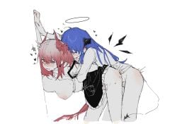 2girls against_wall animal_ears arknights bent_over bird_ears bird_girl bird_tail black_skirt blue_hair bottomless breasts breasts_out bright_pupils closed_eyes commentary_request cowboy_shot demon_girl demon_horns demon_tail detached_wings energy_wings fiammetta_(arknights) futa_with_female futanari hair_between_eyes halo heart highres holding_another's_wrist horns large_breasts long_hair long_sleeves mostima_(arknights) multiple_girls nipples open_clothes open_shirt red_eyes red_hair sex sex_from_behind shenhai_shenye shirt short_hair simple_background skirt sweat tail white_background white_pupils white_shirt wings