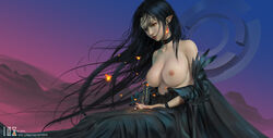 black_dress black_hair collar female huge_breasts long_hair original outdoors pointy_ears solo topless ydiya