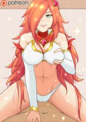 abs breasts elbow_gloves erect_nipples erect_nipples_under_clothes grabbing_own_breast green_eyes large_breasts league_of_legends miss_fortune orange_hair panties partially_clothed star_guardian_miss_fortune star_guardian_series straddling tagme white_panties