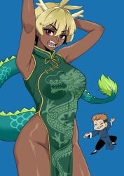 1boy 1boy1girl 1girl 1girl1boy 1girls armpits big_ass black_hair breasts brown_eyes chibi chinese_clothes chinese_dress closed_eyes color colored dark-skinned_female dark_skin dragon_horns fang fangs horn horns large_breasts light-skinned_male light_skin no_panties oc original original_artwork original_character original_characters saki_(sambalteracy) sambalteracy short_hair tomboy two-tone_hair yellow_hair