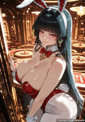 1girl ai_assisted ai_generated animal_ears astra_yao bangs bar bare_shoulders black_hair blunt_bangs blush bow bowtie breasts bunny_ears bunny_girl bunny_tail bunnysuit cleavage collarbone curvaceous curvy curvy_female curvy_figure detached_collar earrings eyebrows_visible_through_hair fake_animal_ears fake_tail female fishnet_legwear fishnets highleg huge_breasts jewelry leotard long_hair looking_at_viewer miyuai mole pantyhose parted_lips poker_chip red_bow red_eyes red_leotard red_neckwear smile solo strapless strapless_leotard tail thick thick_ass thick_butt thick_hips thick_legs thick_thighs very_long_hair voluptuous voluptuous_female watermark white_legwear wide_hips wide_thighs wrist_cuffs zenless_zone_zero