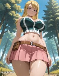 1girl ai-created ai_generated bedroom bedroom_eyes belt big_breasts big_nipples blonde blonde_hair breasts brown_belt brown_eyes cleavage curvaceous curvy curvy_female curvy_figure day earrings erect_nipples fairy fairy_tail frilled_shirt from_below from_front green_shirt heart heart_earrings hip_sway hips huge_breasts large_breasts long_hair looking_at_viewer lucy_heartfilia medium_breasts naughtyfeetai nipple_outline nipples off_shoulder pink_skirt pleated_skirt puffy_nipples sagging_breasts seductive seductive_smile sexy shirt skirt smile solo swaying swaying_hips sweating sweating_profusely tail thick_thighs thighs thin_waist through_clothes tree voluptuous voluptuous_woman walking