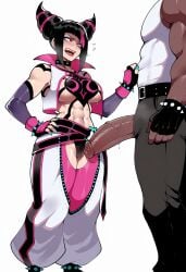 1boy 1girl abs ai_generated aqua_nails assertive_female baggy_pants belt black_hair black_panties blacked blush bracelet breasts bunnyart02 cameltoe chaps choker clenched_hand clothes_grab clothing collar cone_hair_bun crotchless dark-skinned_male dark_penis dark_skin detached_sleeves diagonal_bangs drill_hair erection female fingerless_gloves flying_sweatdrops full_body gloves hair_horns han_juri hand_on_own_hip head_out_of_frame height_difference hetero heterochromia huge_penis imminent_penetration interracial jewelry juri_han large_breasts large_penis lipstick looking_at_another looking_at_penis makeup male multicolored_hair muscle muscular muscular_female muscular_male nail_polish navel open_mouth pants penis penis_awe penis_out penis_size_difference pink_eyes pink_hair precum pubic_hair purple_eyes simple_background solo_focus spiked_bracelet spiked_choker spiked_collar spikes standing streaked_hair street_fighter street_fighter_6 sweat teeth toeless_legwear toenails toned twin_drills underboob upper_teeth_only veins veiny_penis very_dark_skin white_background zipper