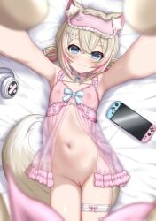 1girl :3 absurdres animal_ear_fluff animal_ears armpits artist_request azunyart babydoll blonde_hair blue_bow blue_eyes blush bottomless bow bow_babydoll check_artist choker cleft_of_venus closed_mouth commentary cowboy_shot crossed_bangs dog_ears dog_girl dot_nose double-parted_bangs fang fang_out flat_chest foreshortening front_slit hair_ornament hairclip handheld_game_console headphones highres hololive hololive_english lingerie looking_at_viewer lying mask mask_on_head mococo_abyssgard mococo_abyssgard_(pajamas) multicolored_hair navel nipples on_back on_bed outstretched_arms pink_babydoll pink_choker pink_streaks pussy reaching reaching_towards_viewer see-through_babydoll see-through_clothes short_hair sleep_mask smile solo star_(symbol) star_hair_ornament stomach streaked_hair tail thigh_strap underwear virtual_youtuber
