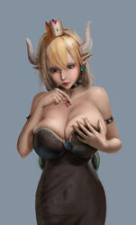 1girls :p bare_shoulders black_dress blonde_hair bowsette breast_grab breast_hold breasts brown_hair crown curvaceous dress duo exposed_shoulders facial_hair female female_only fully_clothed genderswap giantess grey_background groping hand_on_breast horns huge_breasts large_breasts mario mario_(series) micro_on_macro moustache new_super_mario_bros._u_deluxe nintendo simple_background size_difference sleeveless solo super_crown super_mario_bros. tongue tongue_out ydiya