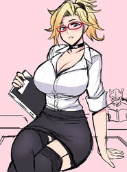 1boy alternate_costume bespectacled black_legwear black_skirt blonde_hair blush breasts business_suit cleavage collar collarbone cyborg doctor eyebrows_visible_through_hair female genji glasses hair_tie large_breasts looking_at_viewer mercy miniskirt nishida_megane nurse overwatch panties pantyshot pantyshot_(sitting) pencil_skirt purple_eyes school_uniform sitting skirt skirt_suit solo_focus teacher teacher_and_student thighhighs tight_skirt underwear white_shirt