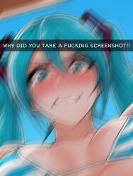 ai_generated ai_jago_dibuja angry aqua_eyes aqua_hair beach bikini bikini_top blushing breasts crying embarrassed face_focus female female_focus female_only from_behind hair_between_eyes hair_ornament hair_ornaments hatsune_miku low-angle_view mad mad_at_viewer motion_blur shaking shaking_camera snapchat striped_bikini twintails