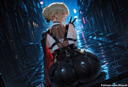 1girl ai_assisted ai_generated ass back bangs bare_shoulders blonde_hair bodysuit braid breasts city curvaceous curvy curvy_female curvy_figure earrings evelyn_chevalier female from_behind gloves looking_at_viewer looking_back miyuai night rain short_hair sitting solo thick thick_ass thick_butt thick_hips thick_legs thick_thighs thighs voluptuous voluptuous_female wet wide_hips wide_thighs zenless_zone_zero