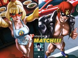 1boy 1boy1girl 1girls ai_generated arms_(game) before_sex blonde_hair boyfriend-girlfriend breasts bulge captain_falcon car chinese chinese_clothes chinese_female clothing crossover dating dating_app english english_text f-zero green_eyes heart hetero leather_jacket lipstick looking_at_viewer min_min_(arms) modern_au muscular muscular_male nintendo partially_clothed phone racer racing_suit red_lipstick red_mask restaurant selfie smash_ball split_screen spotify straight suggestive suggestive_look suggestive_pose super_smash_bros. super_smash_bros._ultimate text thong thumbs_up