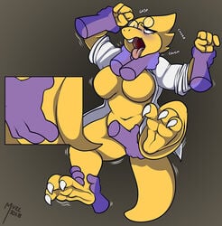 2018 3_toes alphys anthro asphyxiation breasts claws clothed clothing crotch_grab disembodied_hand domination eye_roll eyewear featureless_breasts featureless_crotch feet female glasses grope muzz open_mouth partially_clothed pinned restrained sex slightly_chubby soles strangling teeth toe_claws toes tongue tongue_out undertale video_games