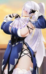 absurdres arched_back armpits bare_shoulders blue_dress blurry blurry_background blush bow braid breasts cleavage_cutout clothing_cutout commentary cowboy_shot cross-laced_slit curvy dress earrings english_commentary evening eyes_visible_through_hair finger_cots folding_fan from_side grey_hair hair_bow hair_ribbon half-closed_eye hand_fan hands_up highres holding holding_fan hot huge_breasts jewelry long_hair long_sleeves looking_ahead mee_don one_eye_closed outdoors panties parted_lips pointy_ears purple_eyes raised_eyebrows ribbon shoulder_cutout side_slit sideboob sideless_dress solo standing steaming_body sweat thick_thighs thighhighs thighs twin_braids underbust underwear velina_airgid very_long_hair white_bow white_panties white_ribbon white_thighhighs zenless_zone_zero