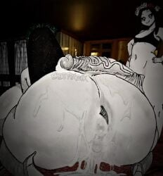 1futanari 1girl all_fours anal anus_focus ass_focus biwaki_(the_mimic) creampie cum_drip cum_in_ass cum_on_ass cum_on_penis cum_overflow doggystyle excessive_cum explicit from_behind futanari ghostfacik huge_ass huge_penis lineart mihari_(the_mimic) monochrome roblox roblox_game sketch the_mimic traditional_media veiny_penis