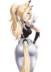 1girl absurdres animal_ears ass blonde_hair blue_eyes breasts clothing_cutout commentary from_behind hair_over_one_eye hairband highres horse_ears horse_girl horse_tail long_hair looking_at_viewer metal_hairband pants ponytail sigrid_(zenless_zone_zero) simple_background solo tail v white_background zenless_zone_zero