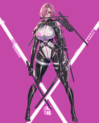 bodysuit full_body hair_over_one_eye high_heels katana latex pink_eyes pink_hair purple_background science_fiction shoes short_hair sword thighhighs weapon wei_(kaminari0411)