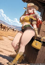 1girl ai_assisted ai_generated artist_name belt boots breasts brown_footwear cleavage cloud cowboy_boots cowboy_hat curvaceous curvy curvy_female curvy_figure day earrings female full_body gloves green_eyes gun hat high_heel_boots jewelry large_breasts lips long_hair looking_at_viewer marvel marvel_rivals midriff miyuai navel outdoors rogue_(marvel_rivals) short_shorts shorts sky smile solo thick thick_ass thick_butt thick_hips thick_legs thick_thighs thighs voluptuous voluptuous_female weapon white_hair wide_hips wide_thighs